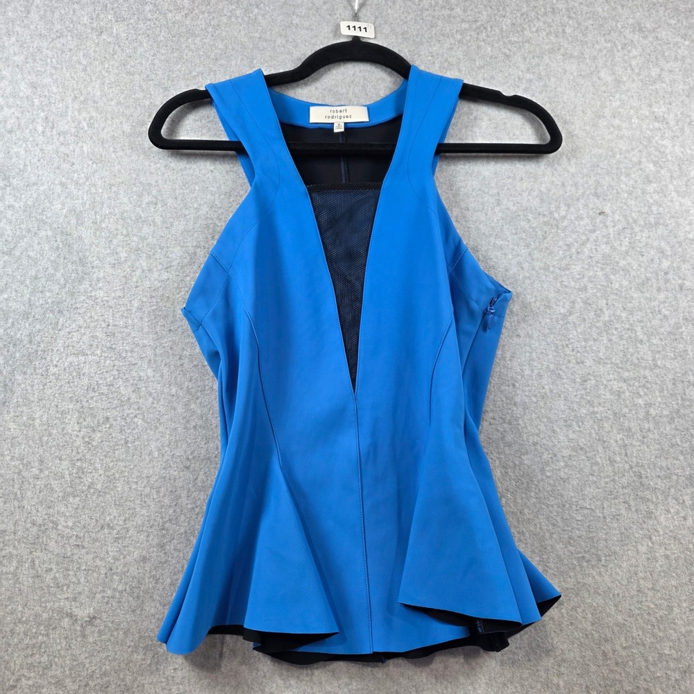 Robert Rodriguez Women Blue Mesh V-Neck Peplum Sleeveless Top Size 2‎
